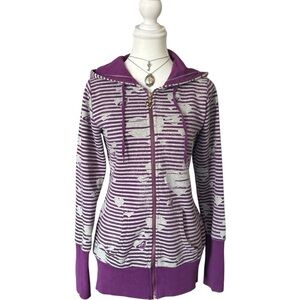 Y2K “Roxy” Grey and Purple Stripe Heart Print Zip-up Hoodie